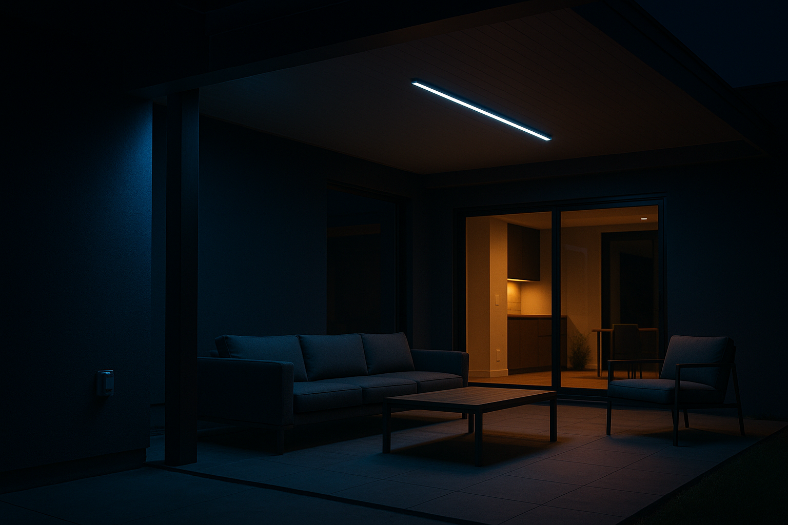 A covered patio entertainment area at night with weather-resistant outlets and integrated lighting.