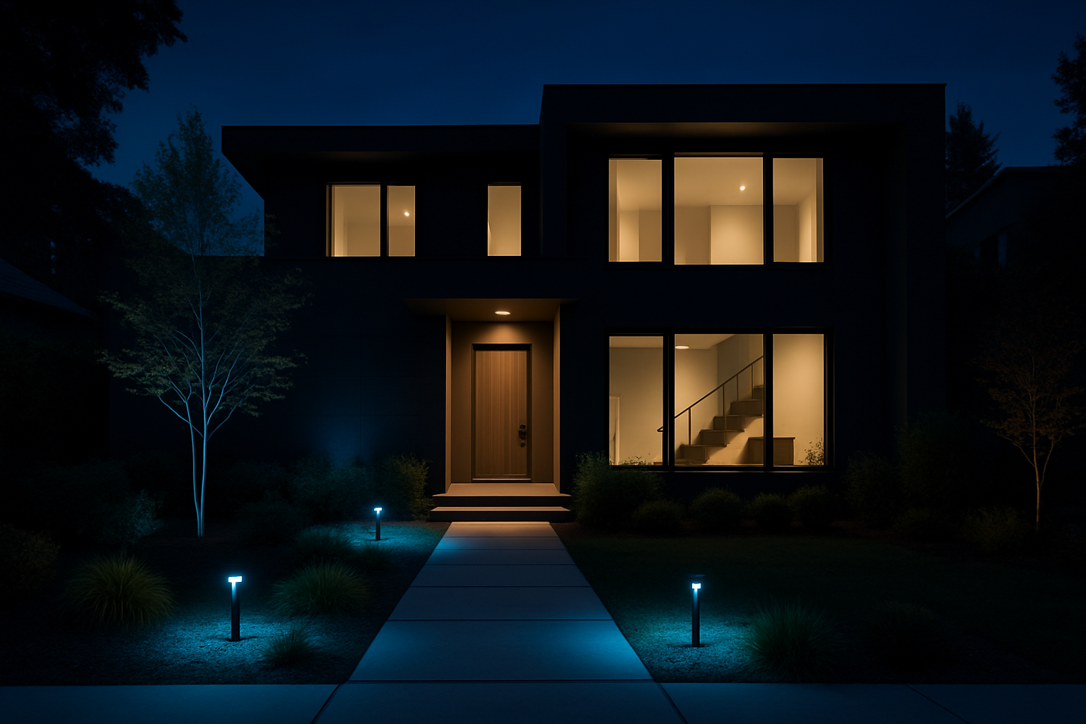 A modern home exterior at night with tasteful landscape and pathway lighting.
