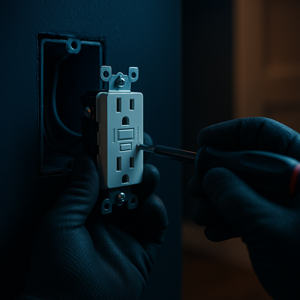 Gloved hands installing a modern GFCI outlet in a finished residential wall box, macro detail.