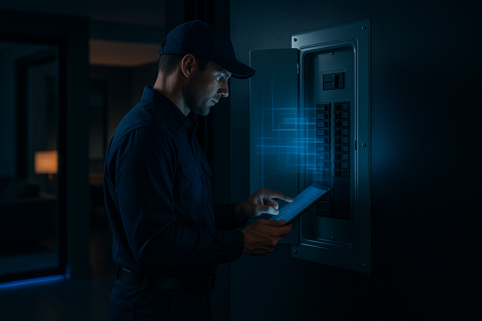 An electrician using a tablet to perform a load evaluation beside an open residential electrical panel.