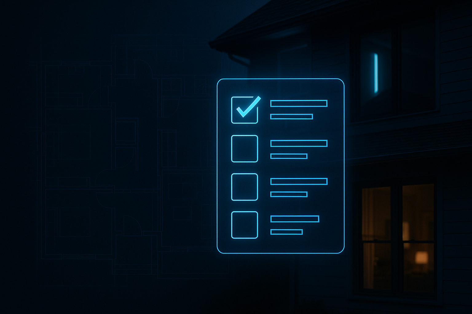 An abstract corporate-tech visual of a glowing blue checklist floating over a dark home blueprint.