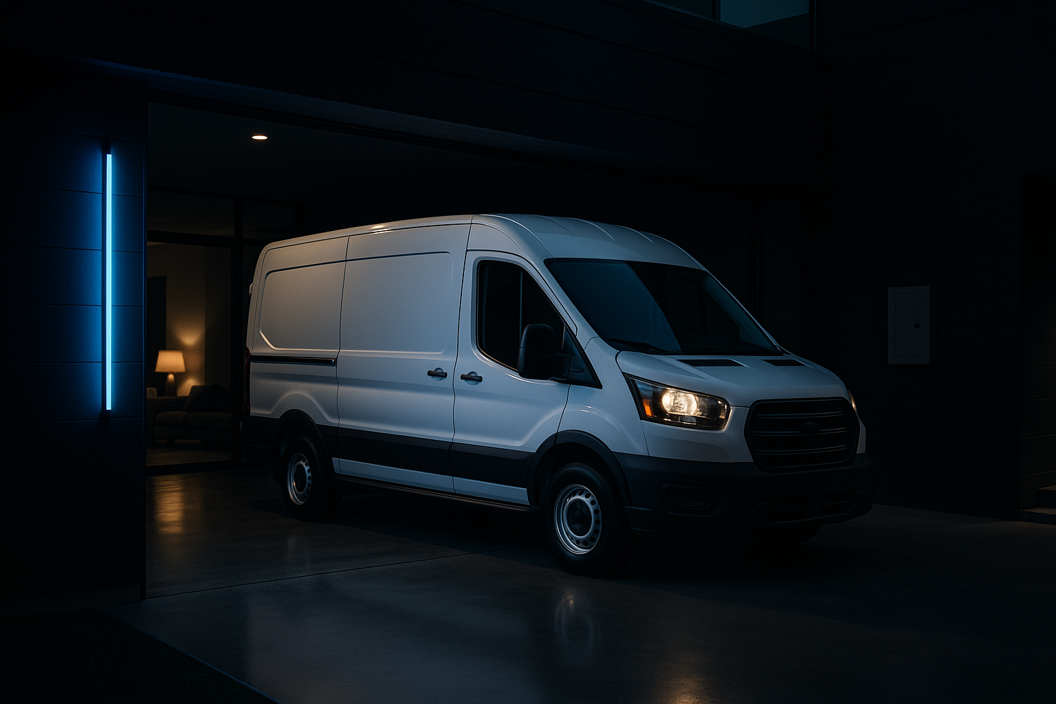 A clean modern service van in three-quarter view in a dark polished garage with subtle blue accent lighting.