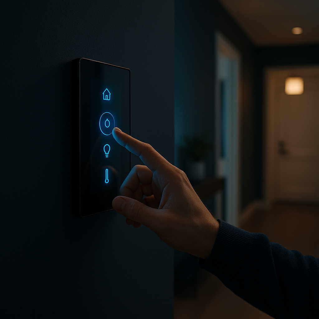 A homeowner's hand touching a wall-mounted smart-home control panel with a soft blue interface glow.