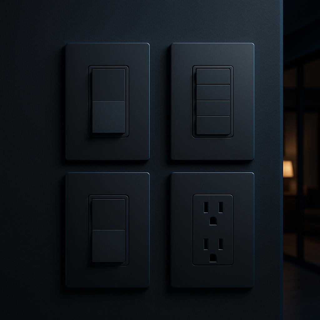 A clean product-style arrangement of smart switches, dimmers and outlets on a dark surface.