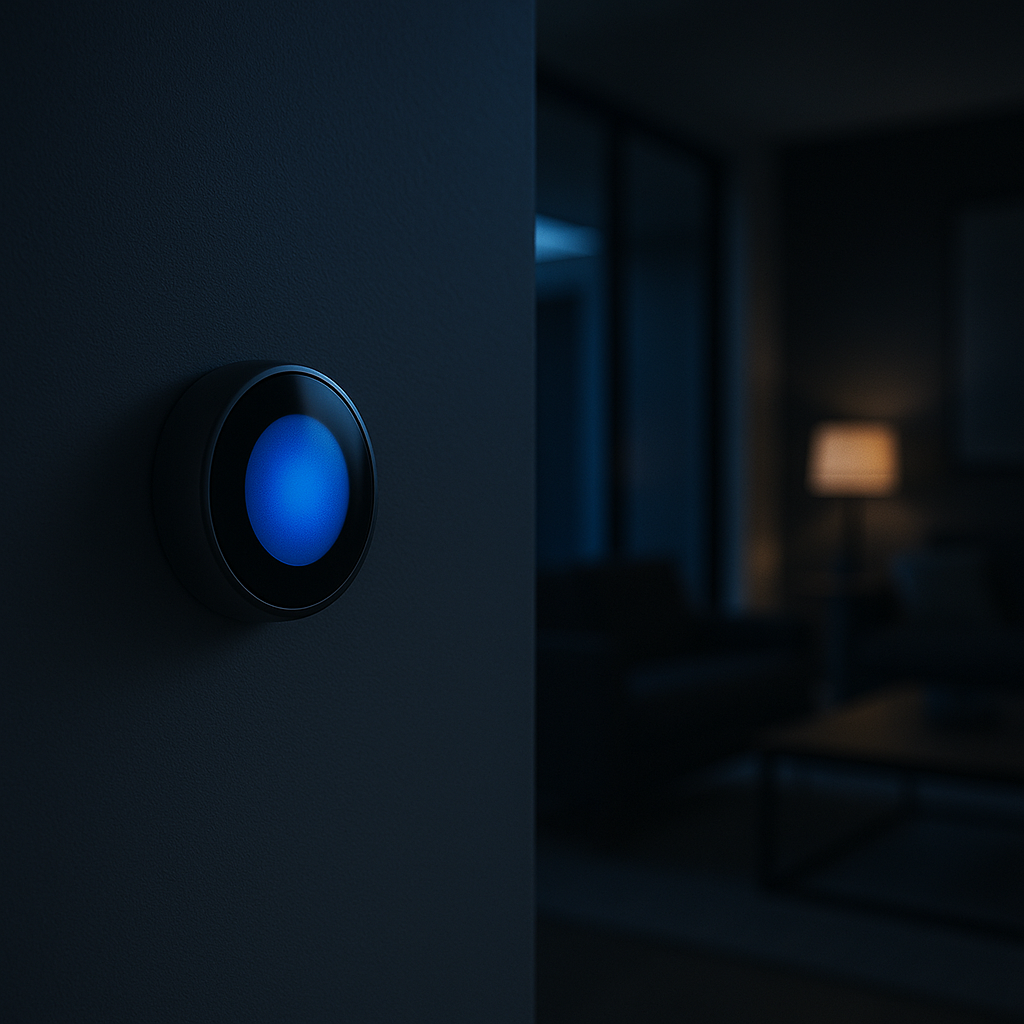 A smart thermostat with a soft blue display on a clean interior wall.