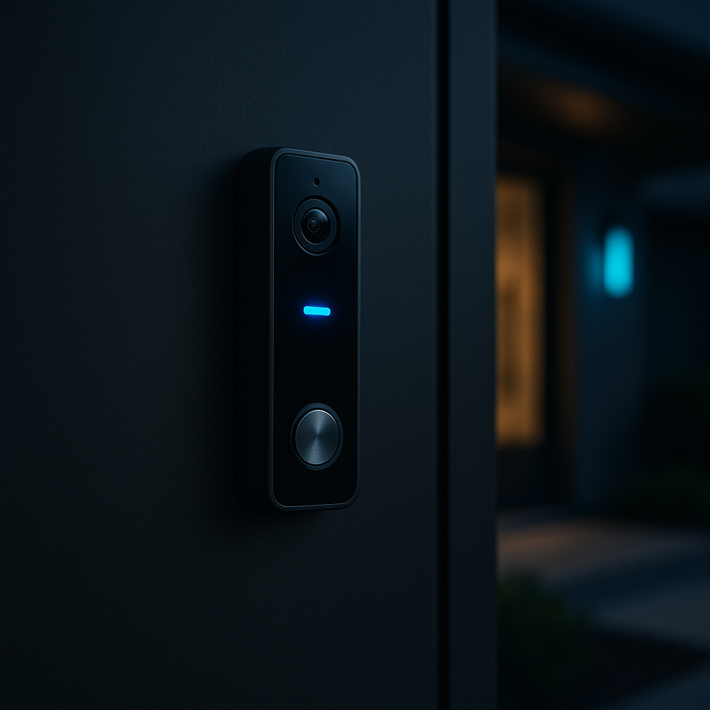 A modern video doorbell on a contemporary front door at dusk with a small blue indicator light.